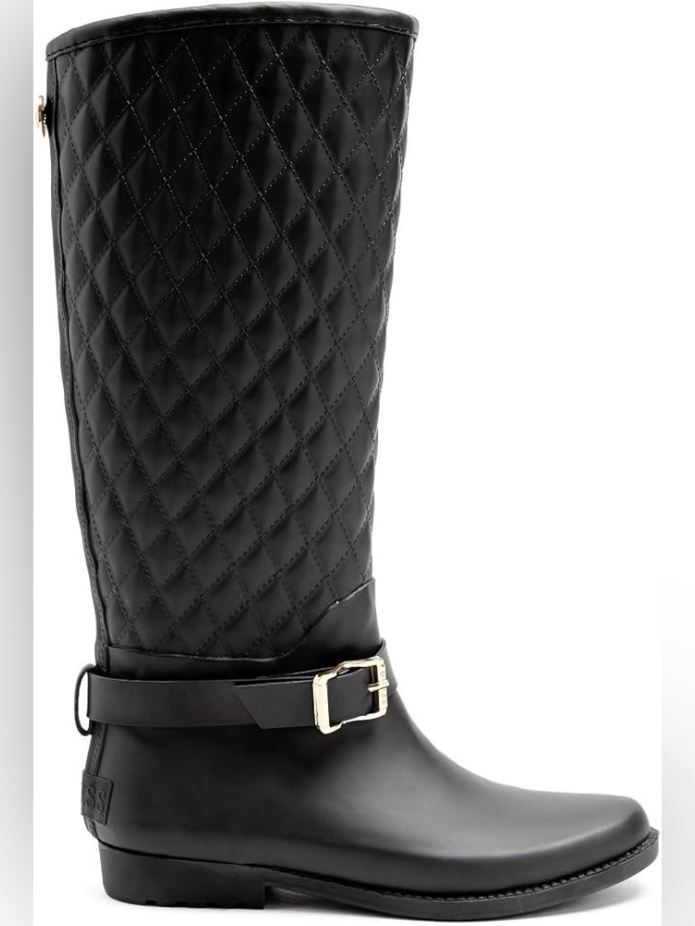Guess Quilted Tall Rain Boot with Gold Buckle - Black